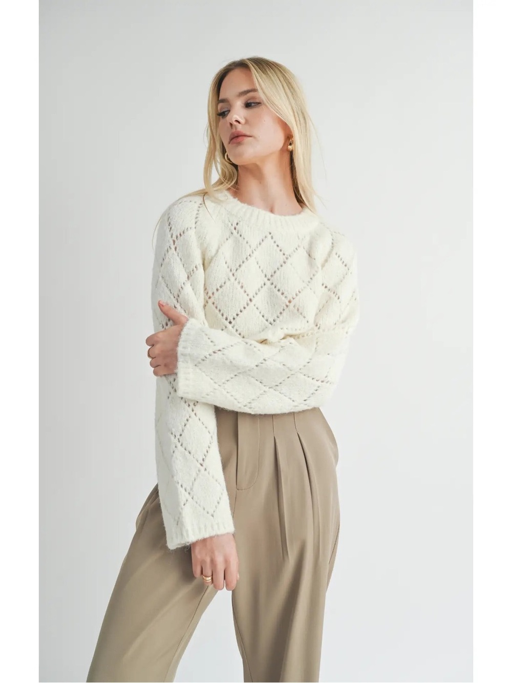 Sage Ivory Diamond-Stitch Crewneck Sweater